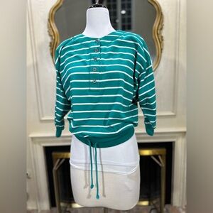 Vintage Jordache Top M Green Striped Henley Drawstring 80s  Camp‎